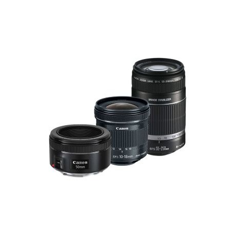 Kit Lentes Canon EF 50mm f/1.8 STM, EF-S 55-250mm f4-5.6 IS y EF-S 10-18mm F/4.5-5.6 IS STM
