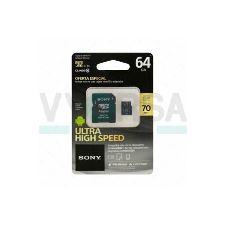 Tarjeta de Memoria SONY Micro SD 64GB Clase 10 Con Adaptador